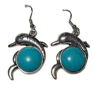 Silver Turquoise Stone Dolphin Dangle Drop Fashion Earrings